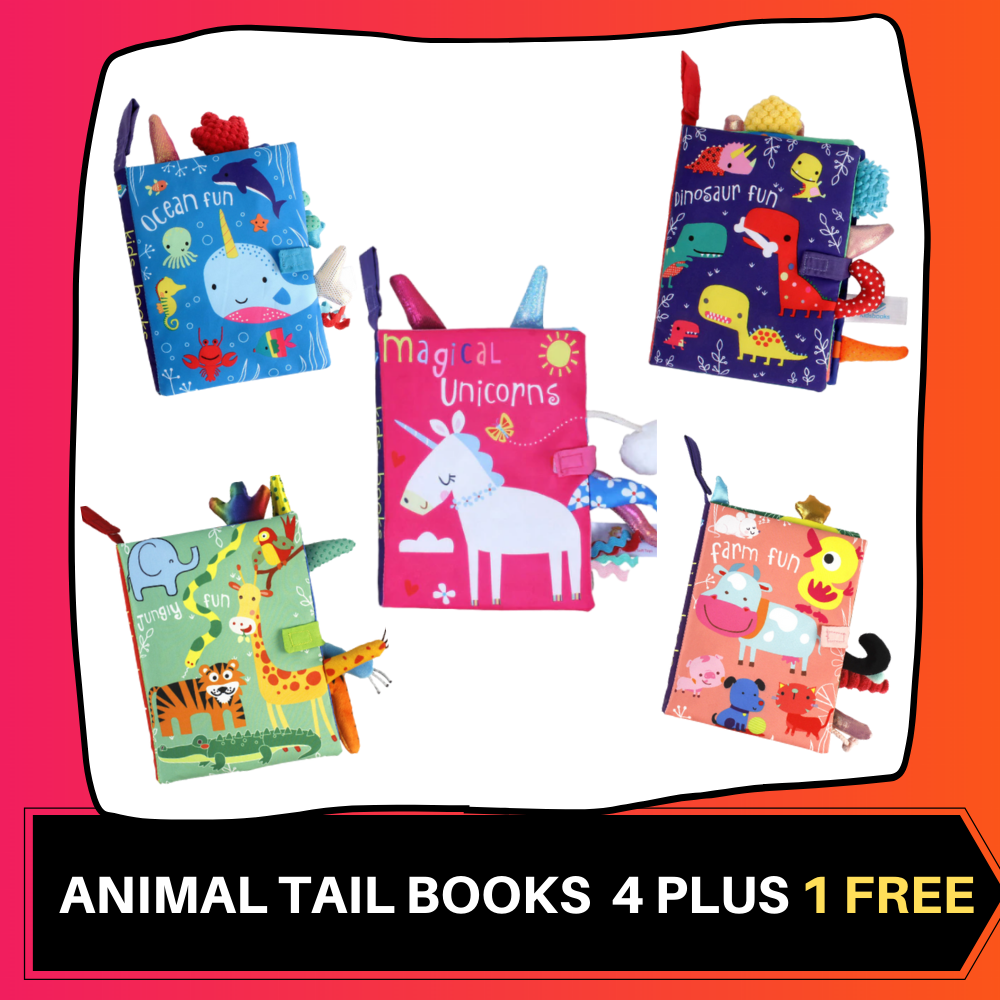 Combo A [SET OF 4 PLUS 2 FREE] BABY CLOTH BOOKS + [ANIMAL TAIL BOOKS 5 PIECES)